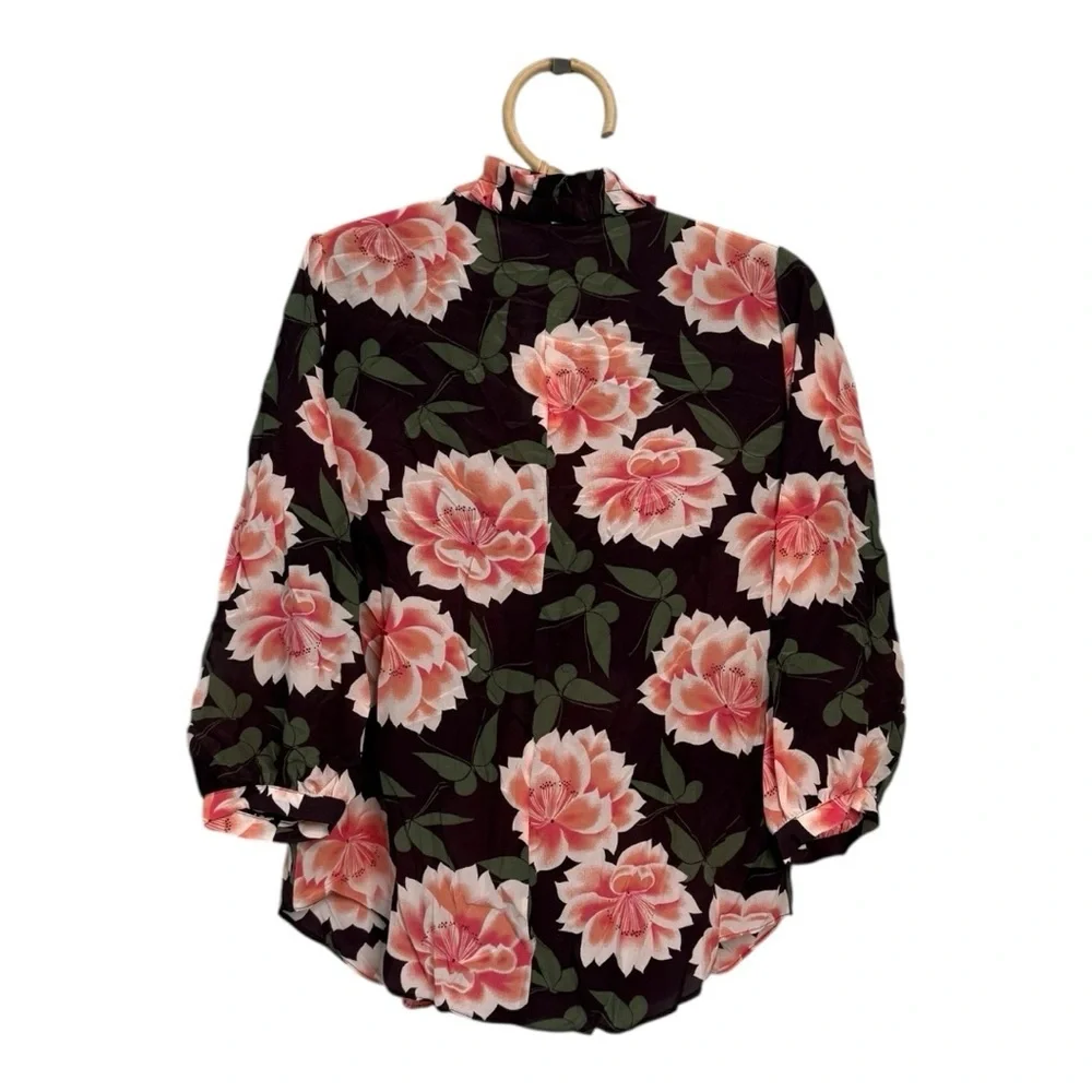 Ann Taylor Butterfly Floral 100% Silk Ruffle Split Neck Blouse Long Sleeve XS - Picture 12 of 13